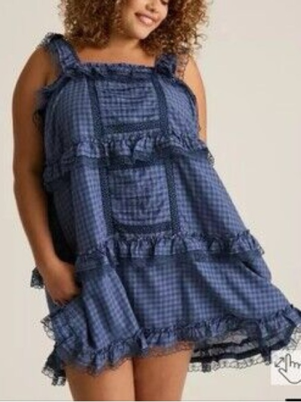 Torrid Blue Gingham Embroidered Open-Back Cotton & Lace Mini Dress, 14 / 16